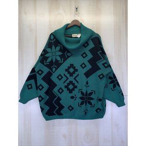 Vintage Stefano Green Geometric Floral Design Cowl Neck One Size Womens Sweater-